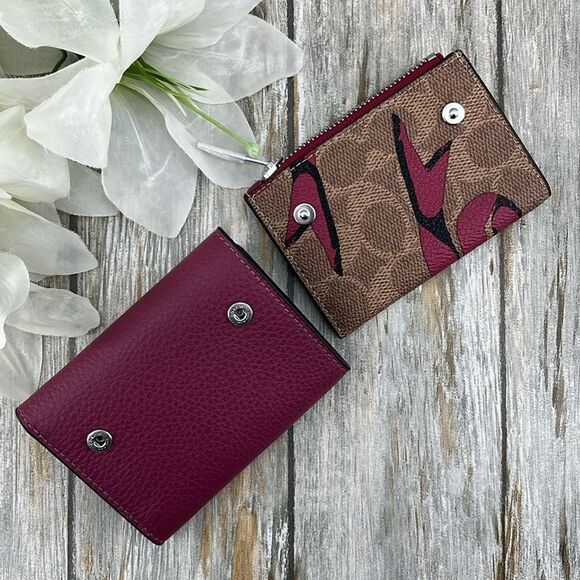 Coach Card Holder Wallet In Signature Canvas With Bow Print Bag Purse - Picture 8 of 17